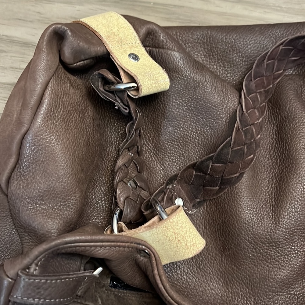 Y2K TYLIE MALIBU LEATHER BRAIDED HANDLE CREAM & BROWN SHOULDER BAG - Picture 12 of 16